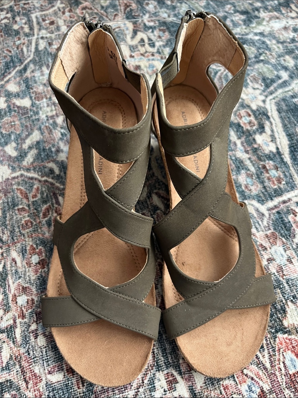 Adrienne Vittadini Olive Green Crisscross Zip Sandals